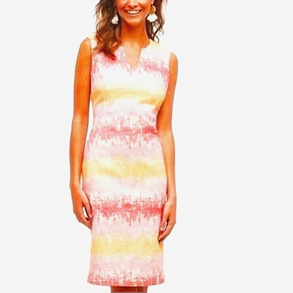 Anthropologie HD in Paris Pink & Yellow Stripe Sleeveless Jacquard Sheath Dress